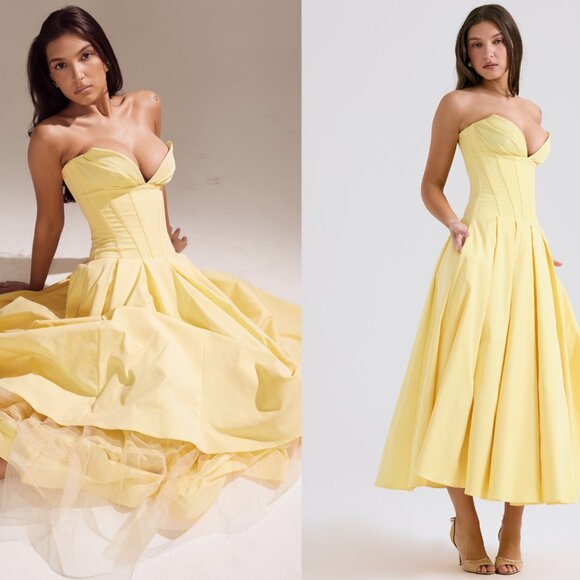 House of CB 'Lady' Sunshine Strapless Tulle Corset Midi Dress NWOT